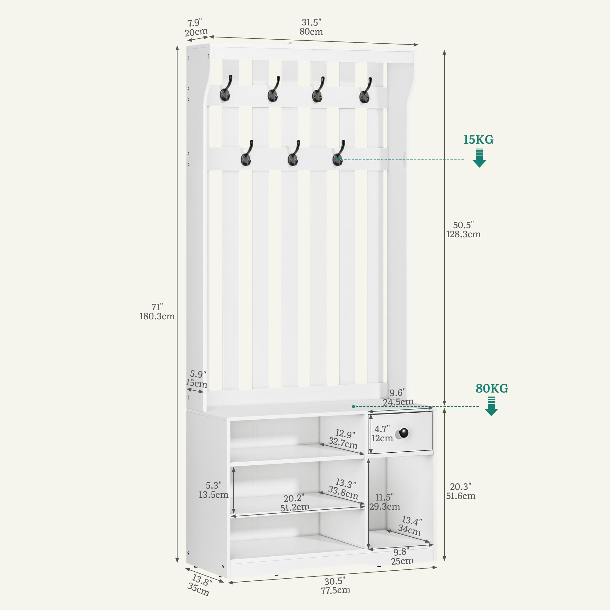 YITAHOME Appendiabiti, Appendiabiti da Terra con Scarpiera, Mobile Ingresso con 7 Ganci e Panca Contenitore, Mobili da Ingresso per Corridoio, Cassetto in tessuto, 80x35x180 cm, Bianco