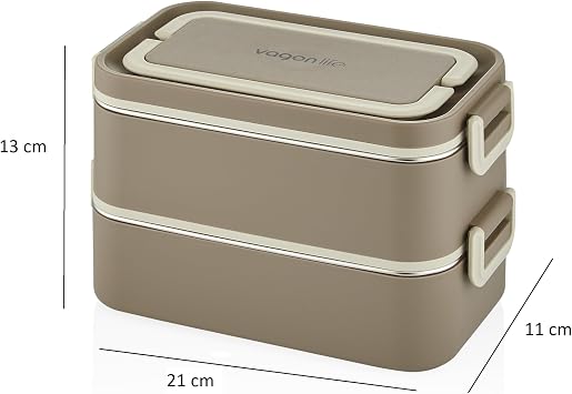 Beslenme Kutusu Paslanmaz Çelik - 2000 ml Çorba (Yoğurt) Kaseli 2 Katlı Yeni Nesil Sefer Tası Lunch Box (Kahve)