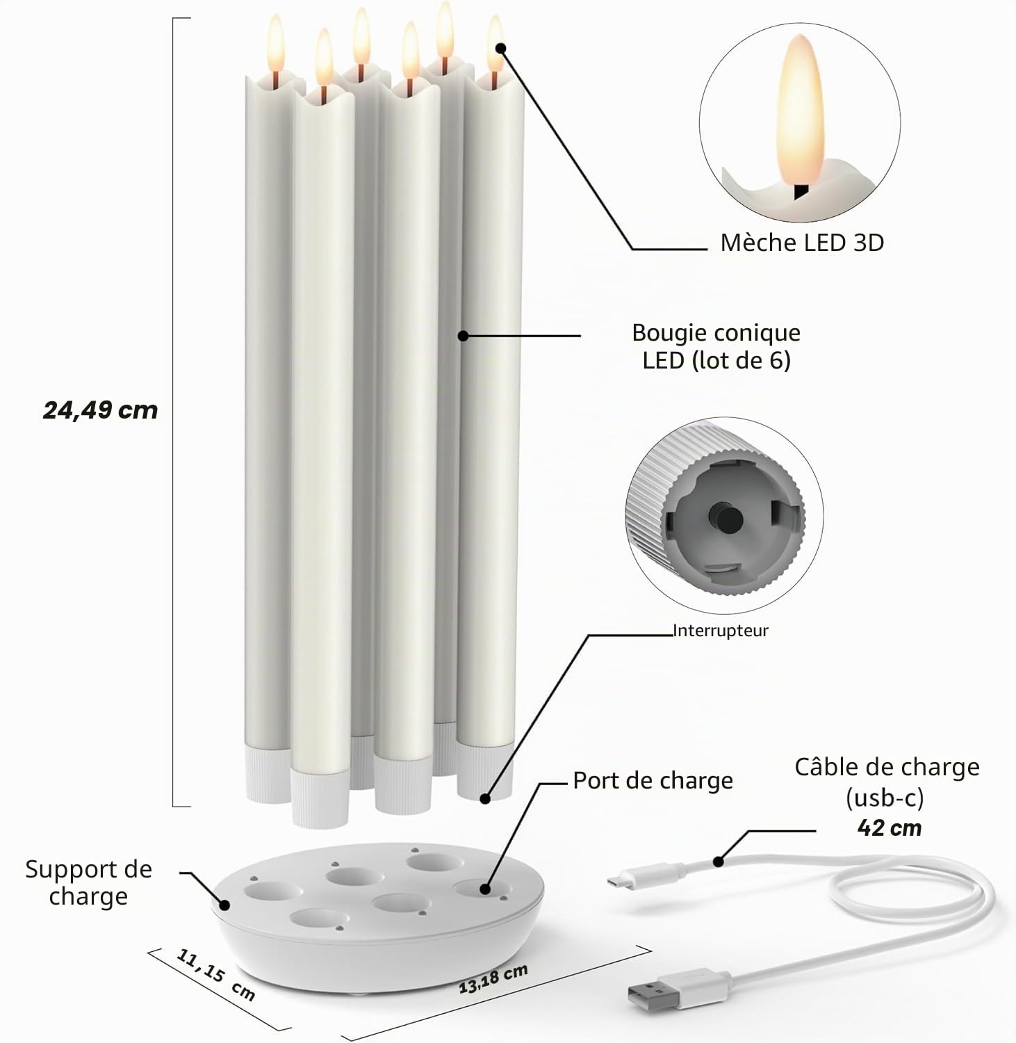 Eldnacele Bougies LED rechargeables avec télécommande, bougies à LED sans flamme à effet flamme vacillante fonctionnant à piles, bougies de dîner en cire véritable pour décorations de Noël