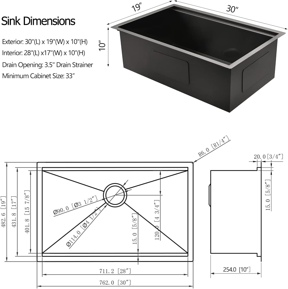 30 Black Stainless Steel Undermount Kitchen Sink, Luckyhorse 16 Gauge 30x19x10 Inches Black Stainless Steel Undermount Single Bowl Workstation Kitchen Sink with Accessories LH013S