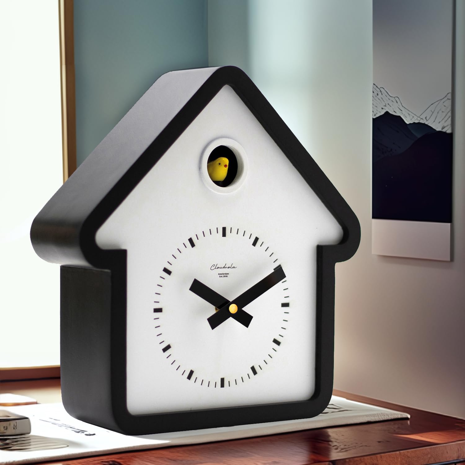 Cloudnola Modern Wooden House Cuckoo Clock, Black and White, Hourly Bird Voice Chirping, Silent Timekeeping, 11 x 10 x 3 inches, for Living Room, Kitchen, Office, or Gifts