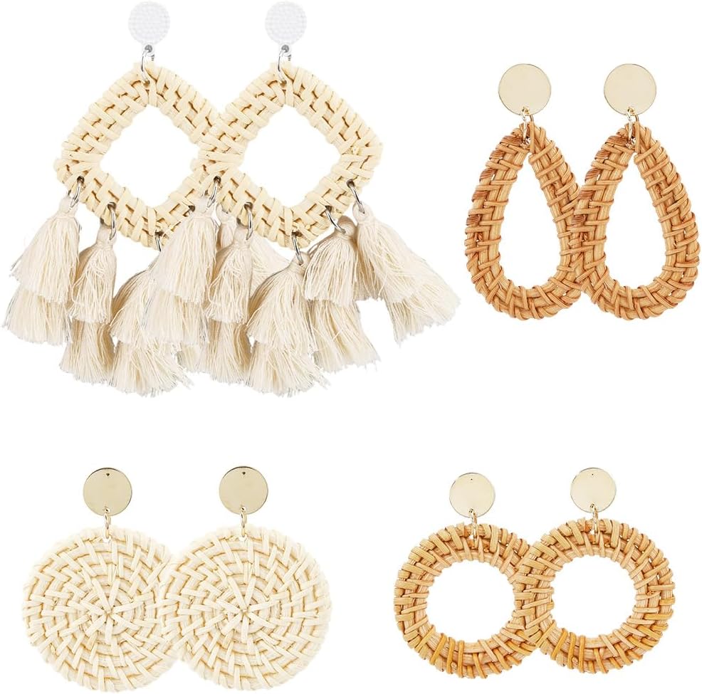 4 Pairs 4 Styles Tassel Bohemian Earrings Earrings Set Boho Large Teardrop Round Rattan Dangle Bohemian Straw Eardrop Bulk Woven Tropical Jewelry for Women Mom Summer Holiday Beach Party