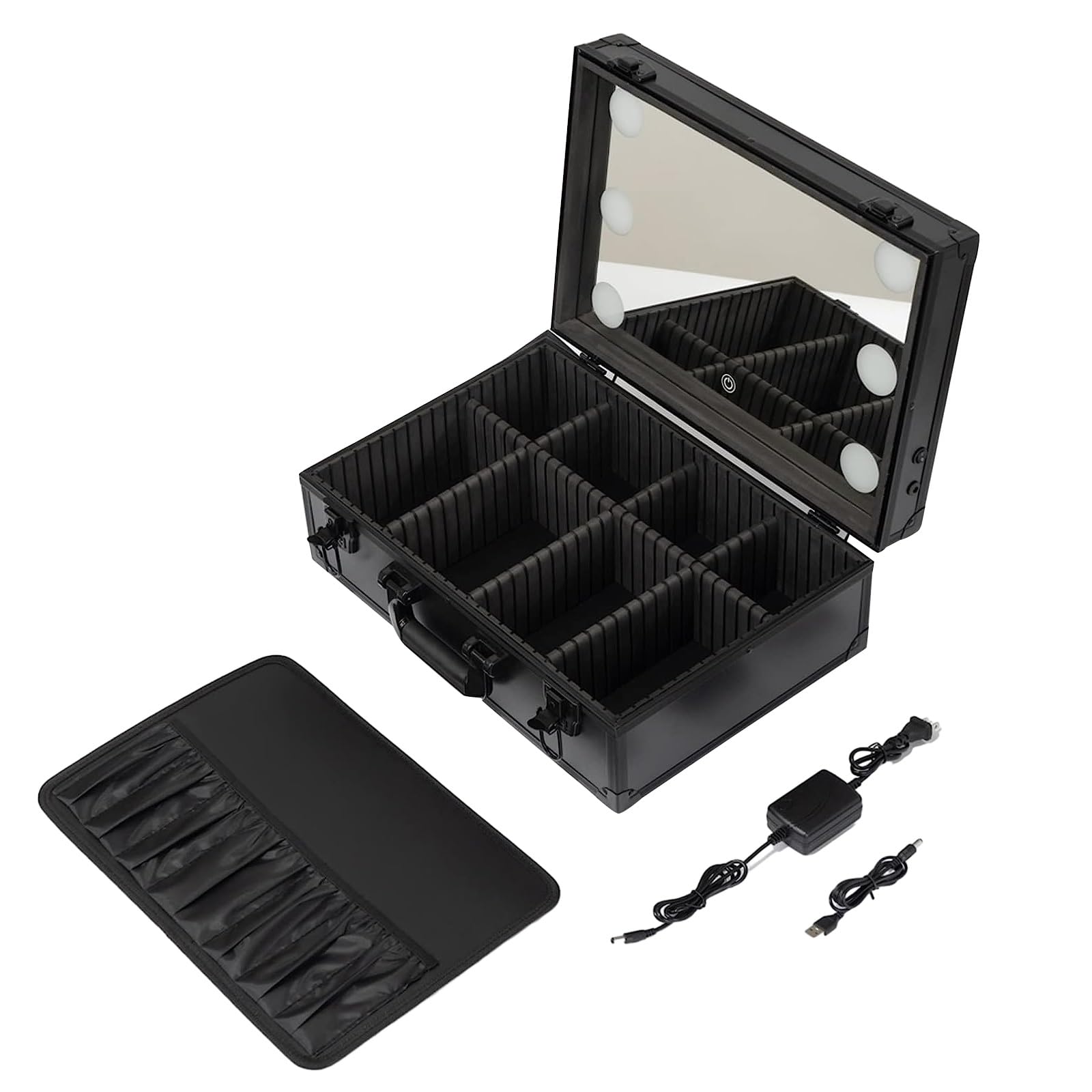 Custodia Per Trucco Da Viaggio Professionale Borsa Cosmetica Trucco Treno Borsa Organizer Per Attrezzi Da Parrucchiere Con Scomparto Regolabile, Astuccio Per Cosmetici Con Luce E Specchio,Nero