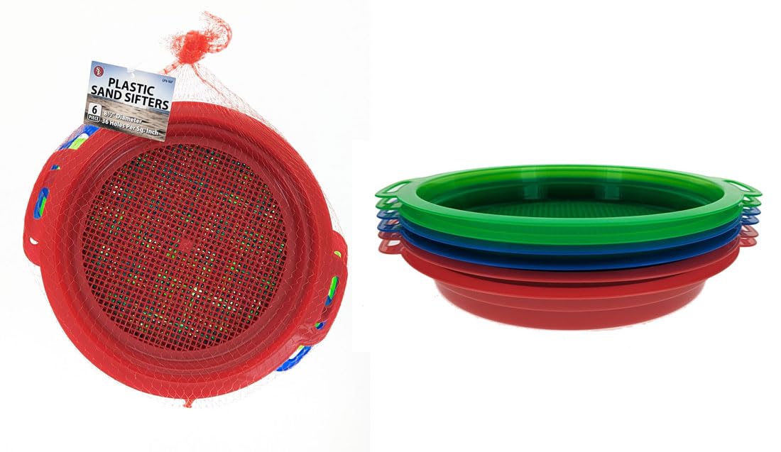 SE 6-Piece Set of 8.5" Plastic Sand Sifting Pans in a Mesh Bag, with 36 Holes Per Inch, in Red, Blue, and Green Colors