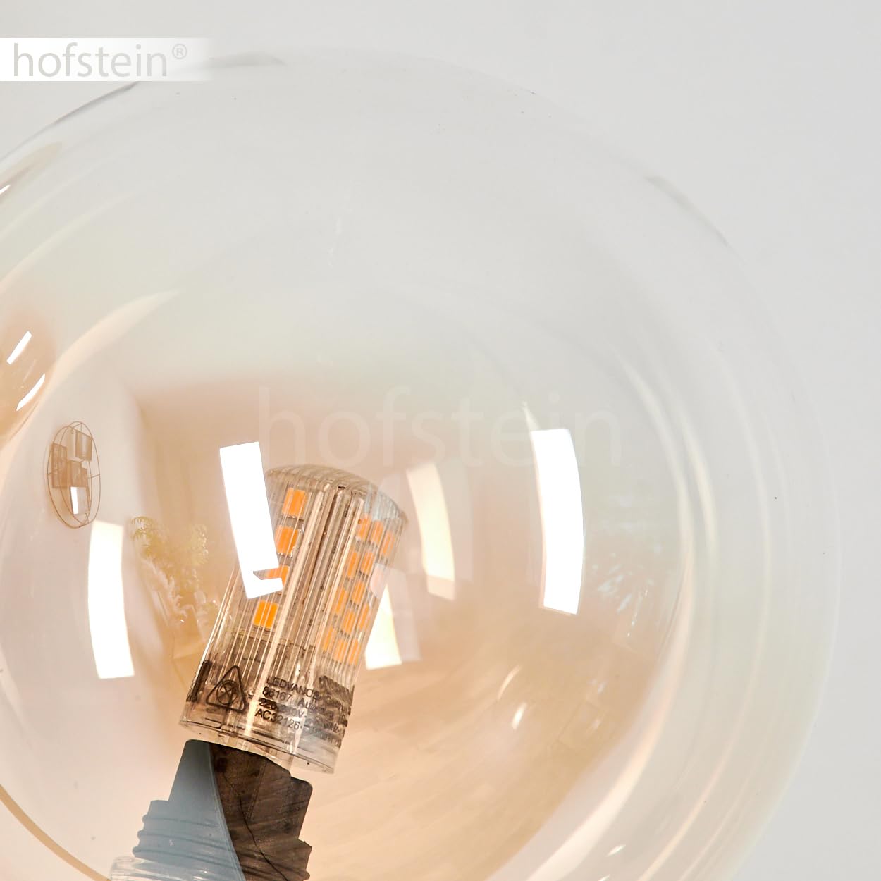 Stehleuchte Bernhardo, Stehlampe aus Metall/Glas in Schwarz/Bernsteinfarben/Klar, Leuchte im Retro/Vintage-Design mit Schirmen aus Glas (Ø 12 cm), dimmbar über Fußschalter, 3 x G9, ohne Leuchtmittel