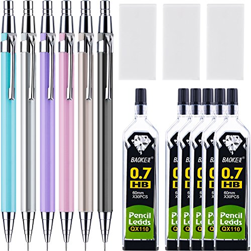 15 Pieces Mechanical Pencil Set 0.7 mm, Assorted Colors, 6 Pieces Mechanical Pencils and 6 Tubes Refills with 3 Pack Erasers for Office and School