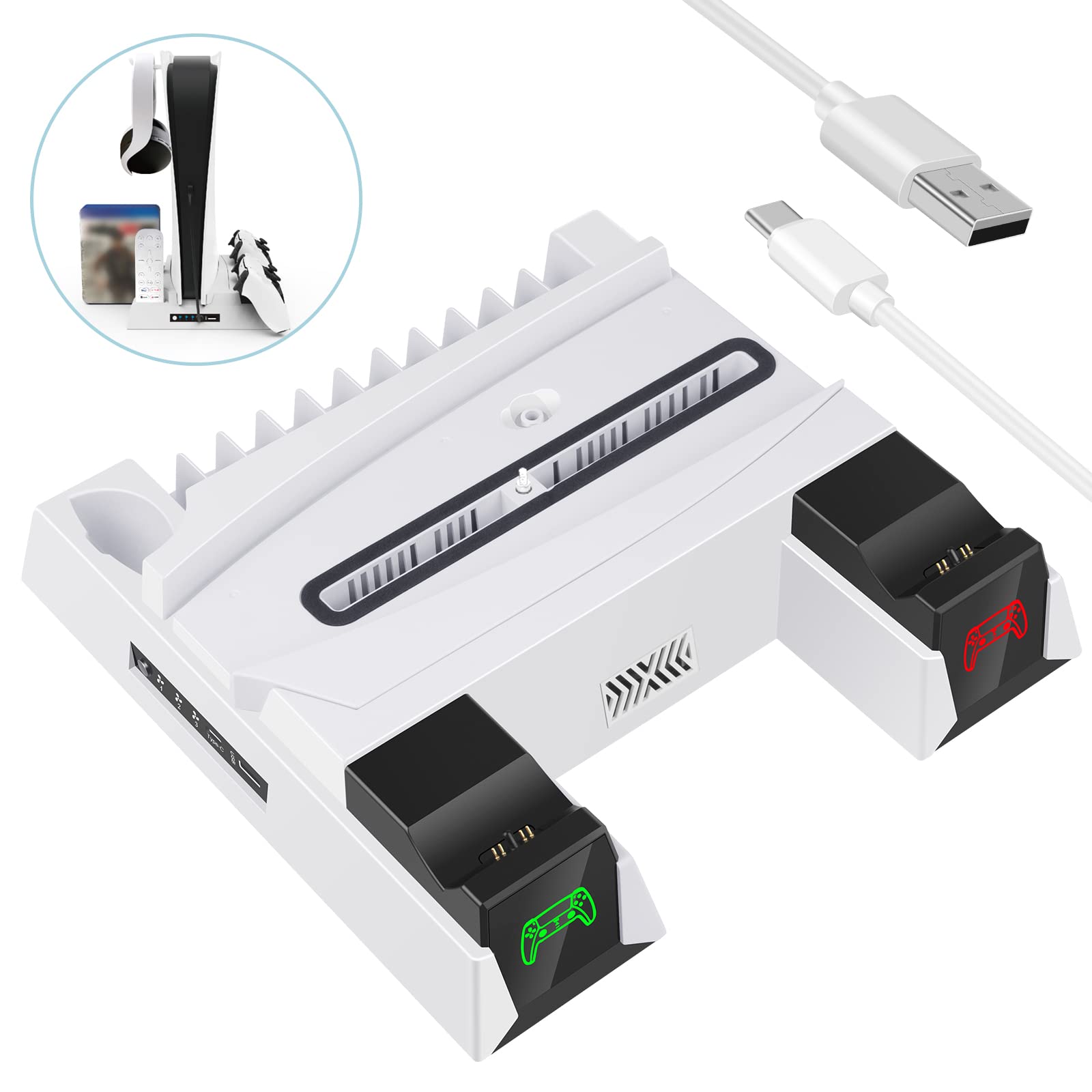 ARyee Support PS5 Vertical Manette, Support Mural PS5 avec Ventilateur de Refroidissement et Double Station de Recharge, PS5 Accessoire avec Support pour Casque et 12 Emplacements de Jeux