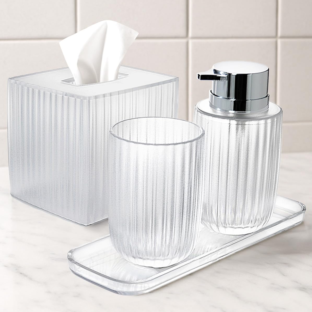 Decozen Bathroom Accessories Set of 4 - Elegant Soap Dispenser, Tumbler, Tissue Box & Tray for Modern Decor Home Decor Bath Accessories, Ideal Bathroom Decor & Housewarming Gift - Clear