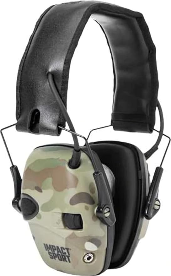 A pair of Howard Leight electronic earmuffs in MultiCam camouflage, designed for hearing protection.