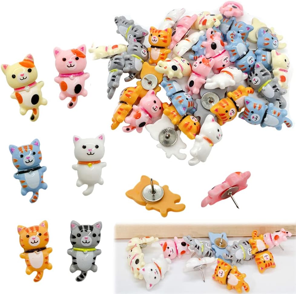 30 pcs Cute Cat Push Pin Decorative Thumb Tacks Animal Push Pins for Photo Wall Maps Memo Note Bulletin Board or Cork Boards Multi-Functional Pushpin Tool Office Accessories