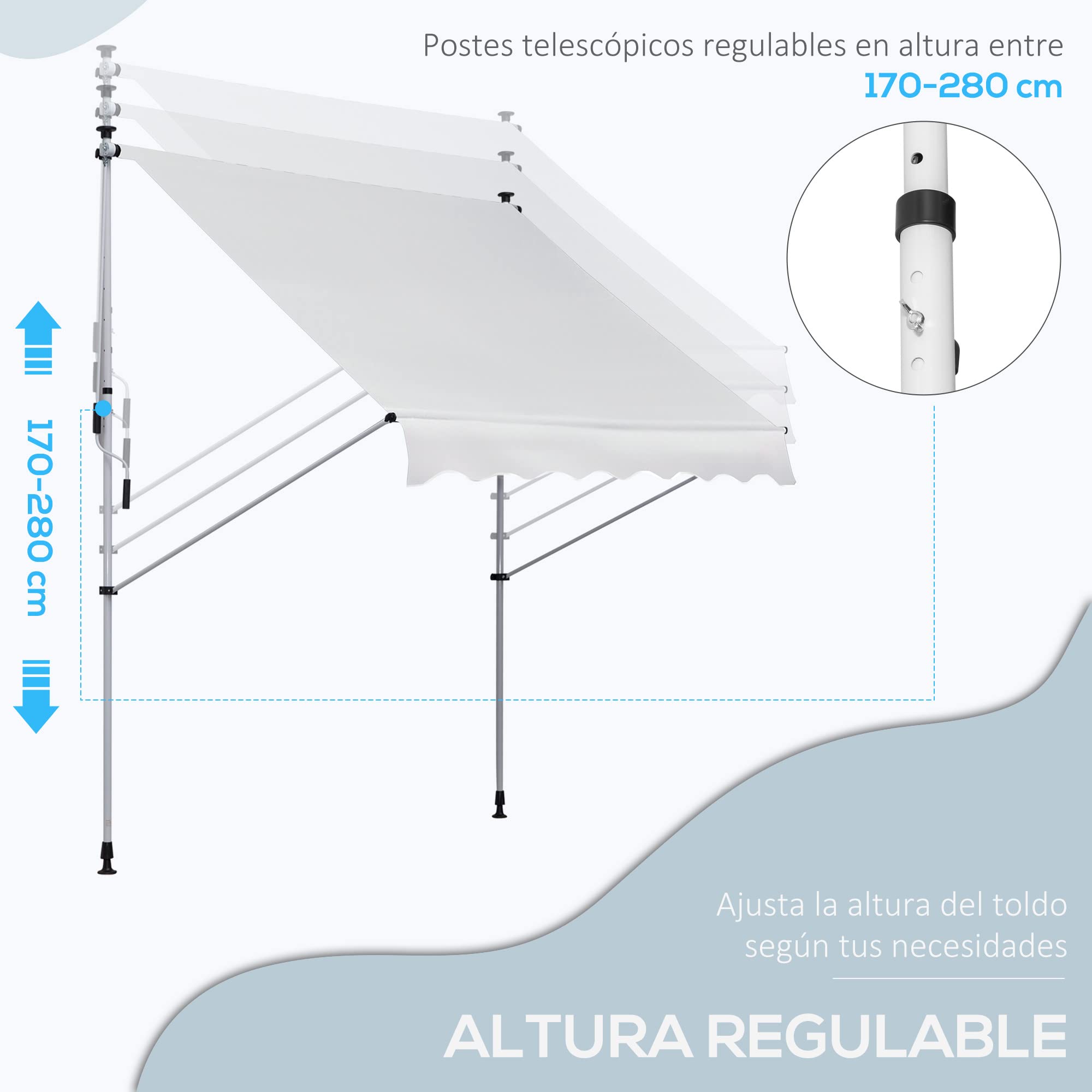 Outsunny Toldo Manual Retráctil 2x1,5 m Altura Ajustable Blanco | 170-280 cm, Toldo Exterior Terraza Enrollable, con Manivela, Anti-UV e Impermeable, Sin Taladro, para Balcón, Jardín