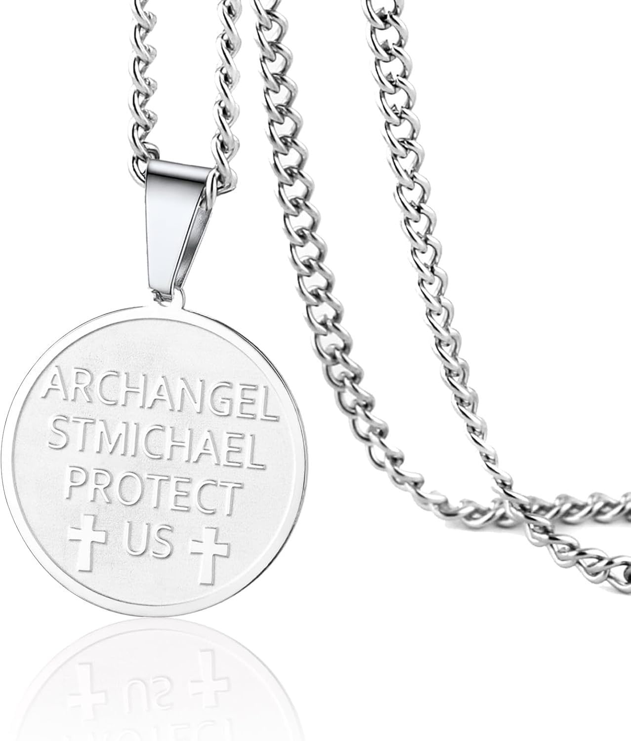 LGBBTI Protection Pendant Amulet Necklace Saint Michael Archangel Medallion Medal Jewelry Patron Miracle Coin Charm Engraved Gifts for Men Women, Silver St Michael Necklace