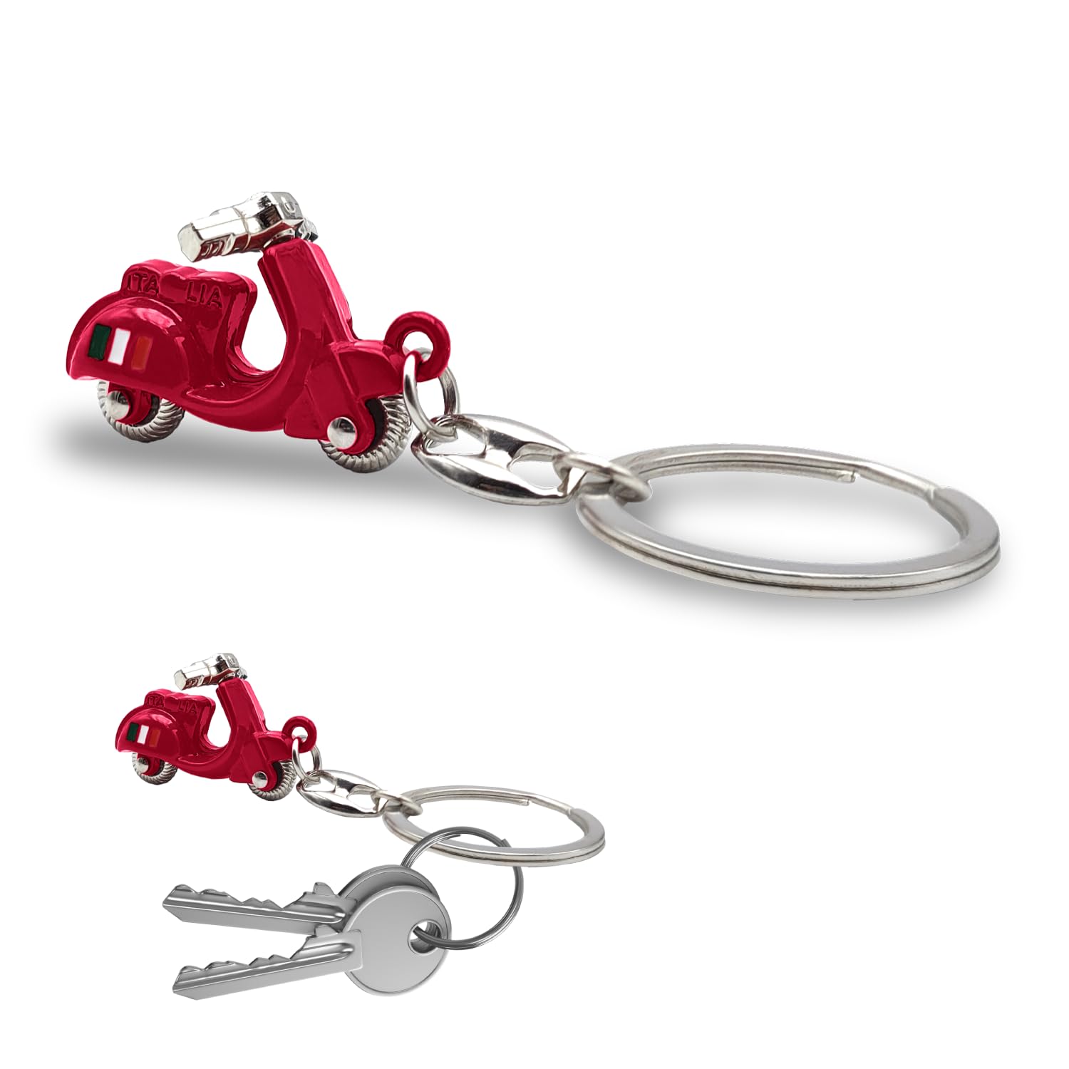 3D Italian Scooter Keyring - Realistic Design with Articulated Handlebar - Italian Flag on the Side - Durable Metal - Gift Idea for Men and Women - Accessories for Car, Motorcycle and Backpack,