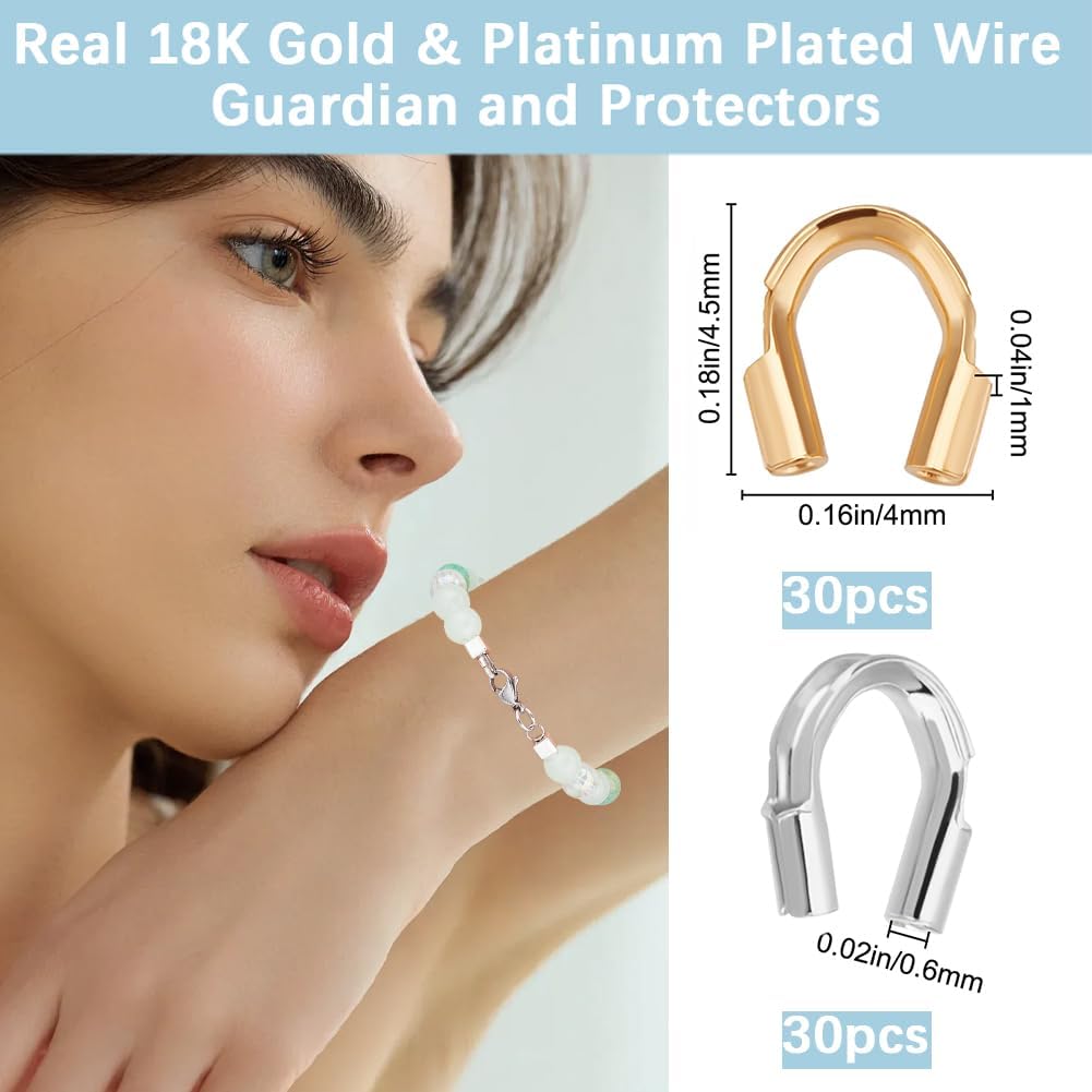 Beebeecraft 60Pcs Wire Guardian 18k Gold & Platinum Plated Brass 0.6mm Hole U-Shaped Wire Guard Loops Thread Protector for Beading Jewelry Making DIY Crafts