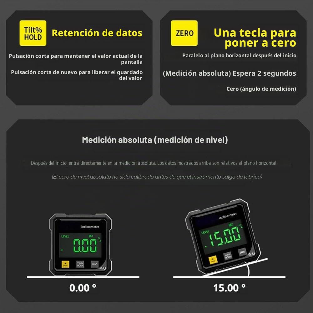 Medidor de ángulo digital magnético de 4 lados, herramienta transportadora de buscador de ángulos digital, herramienta de medición de alta precisión de 4 x 90° con pantalla grande, inclinómetro de