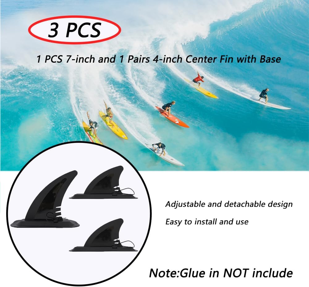 LOOEEL 3PCS Surfing Fins, Inflatable Paddle Board Fins, 1 PCS 7-inch and 1 Pairs 4-inch Center Fin with Base,Detachable Fin Dock Tail Fin for Long Board Paddle Board Surfboard Surfing Kayak Fin-Black