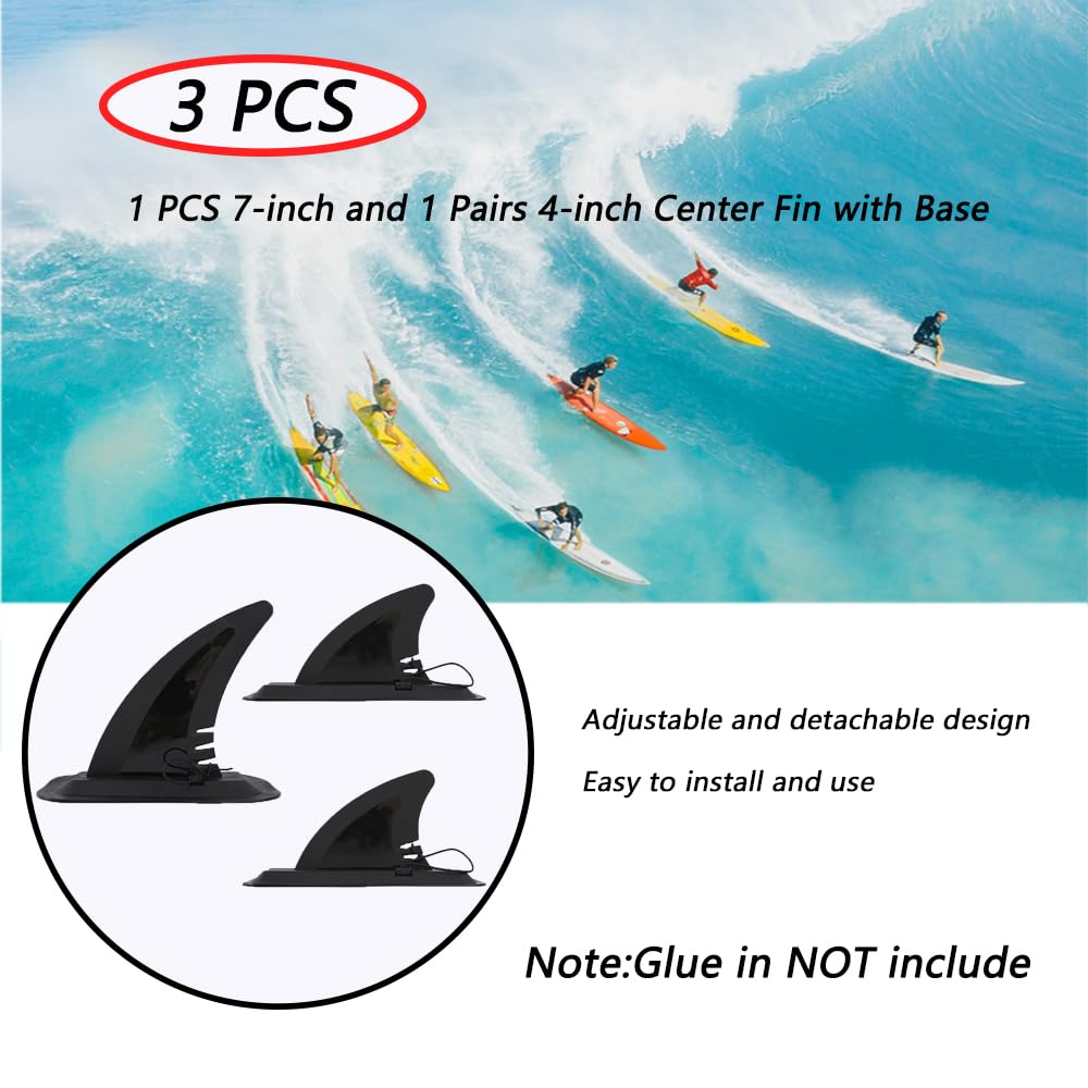 LOOEEL Lot de 3 ailerons de surf, palmes gonflables, 1 aileron central de 17,8 cm et 1 paire d'ailerons centraux de 10,2 cm avec base, aileron de quai amovible pour planche longue, pagaie, planche de