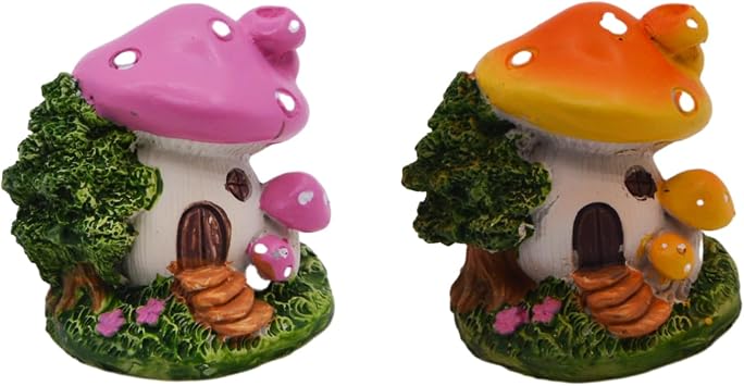 AnRui Miniature Fairy Garden Mushroom House Statues Cute Little Resin Mushroom Figurines Decor Micro Landscape Ornaments for Outdoor, Yard, Indoor, Home, Office, DIY Crafts, 2Pcs