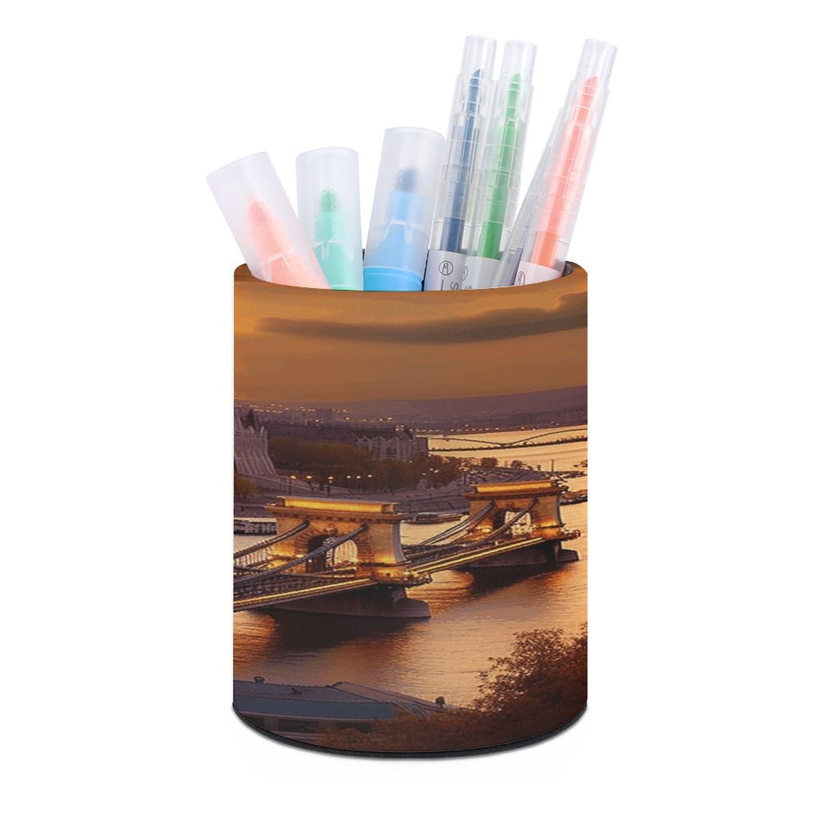 VstaDank Sunset in Budapest Pen Holder PU Leather Pencil Cup Minimalist Desk Pencil Holder Round Make Up Brush Organizers For Office Dorm Room&Vanity Desk Accessories
