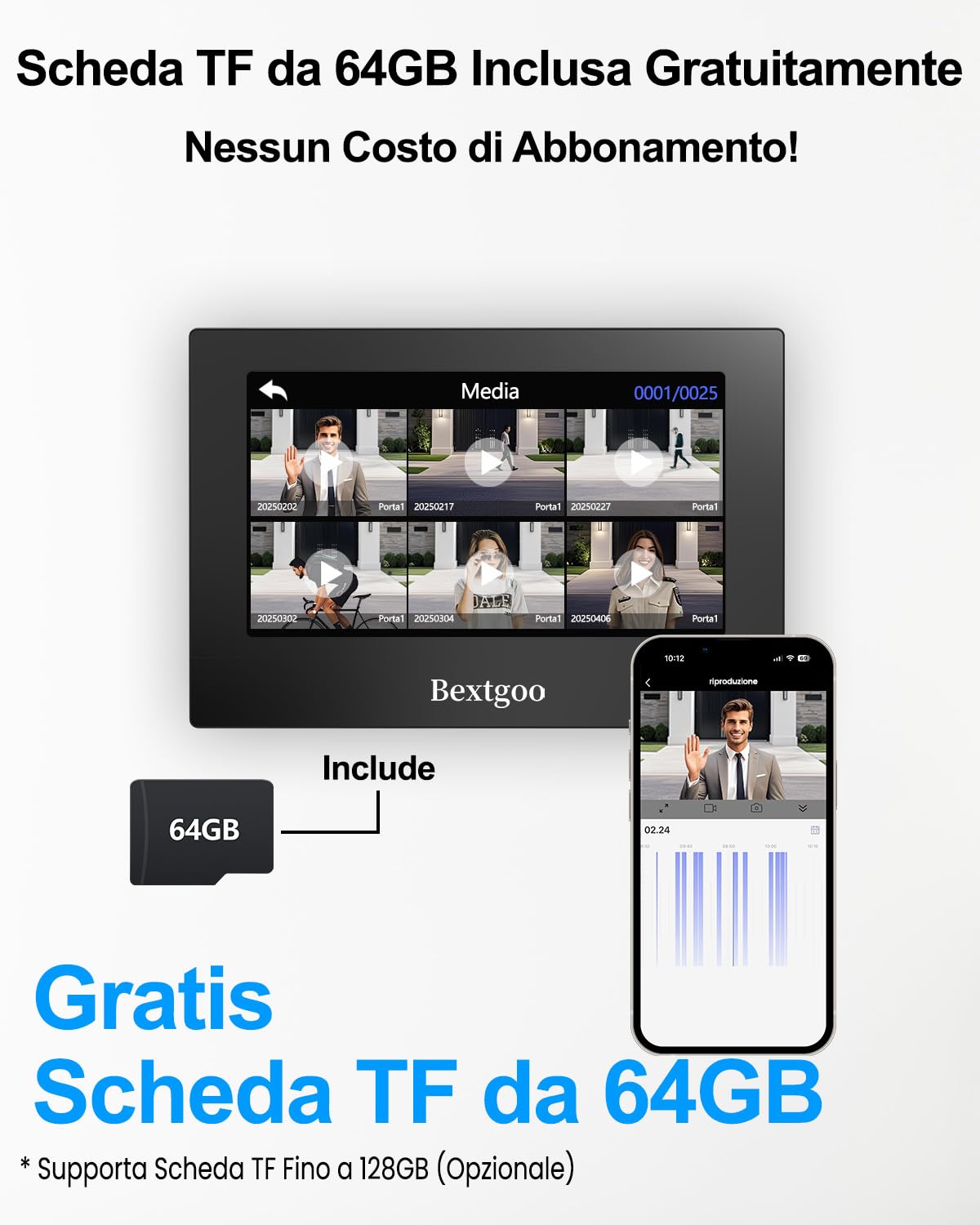 2K Videocitofono WiFi 2 Fili, Schermo Touch Screen a Colori 7", App Sblocco Remoto, Carta IC Unloc, Audio Bidirezionale, 170° Rilevamento Movimento, Visione Notturna, IP66, Scheda SD Integrata 64 GB