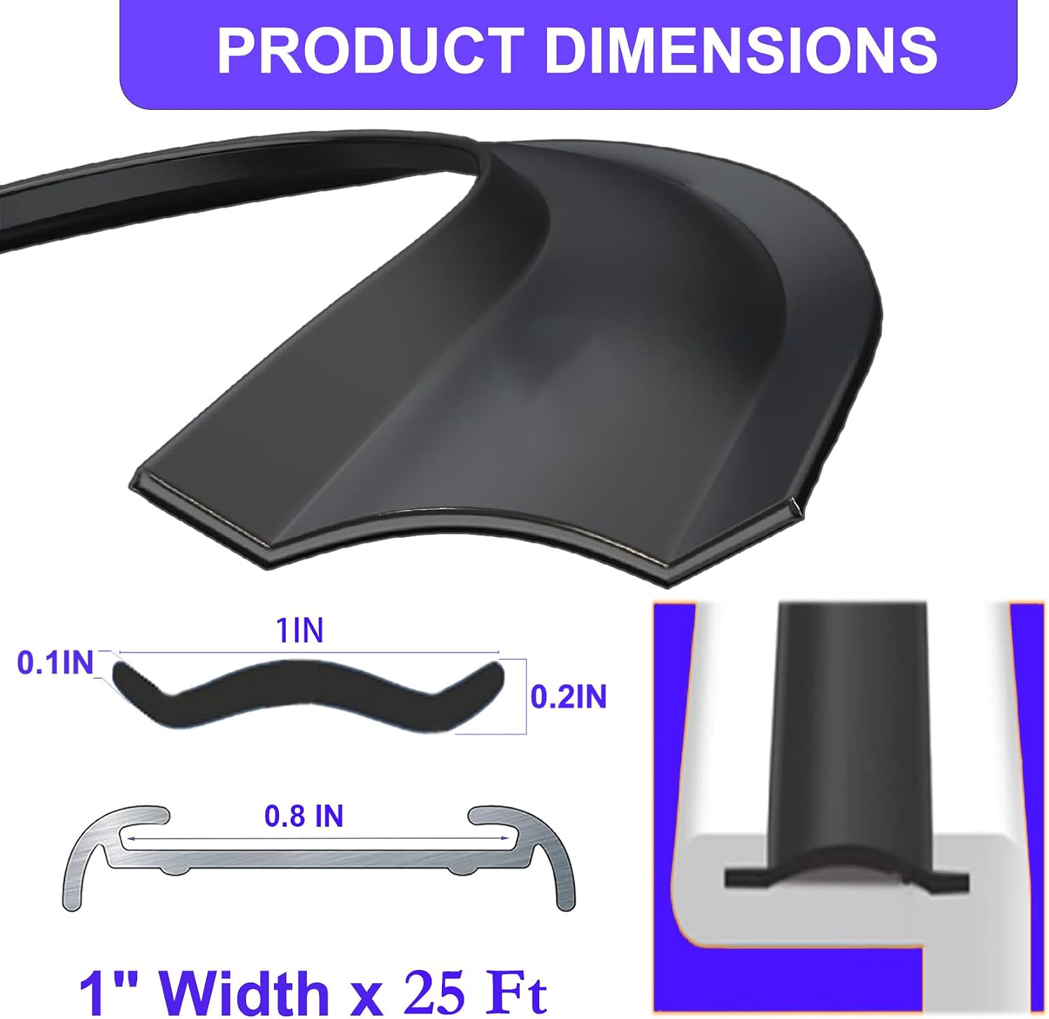 1'' RV Trim Molding Insert, UV-Resistant RV Weather Stripping Exterior Replacement, 25FT Black Rubber Vinyl Flexible Trim Insert for Camper/Travel Trailer Screw Cover Corner Gutter Channel Roof Edge