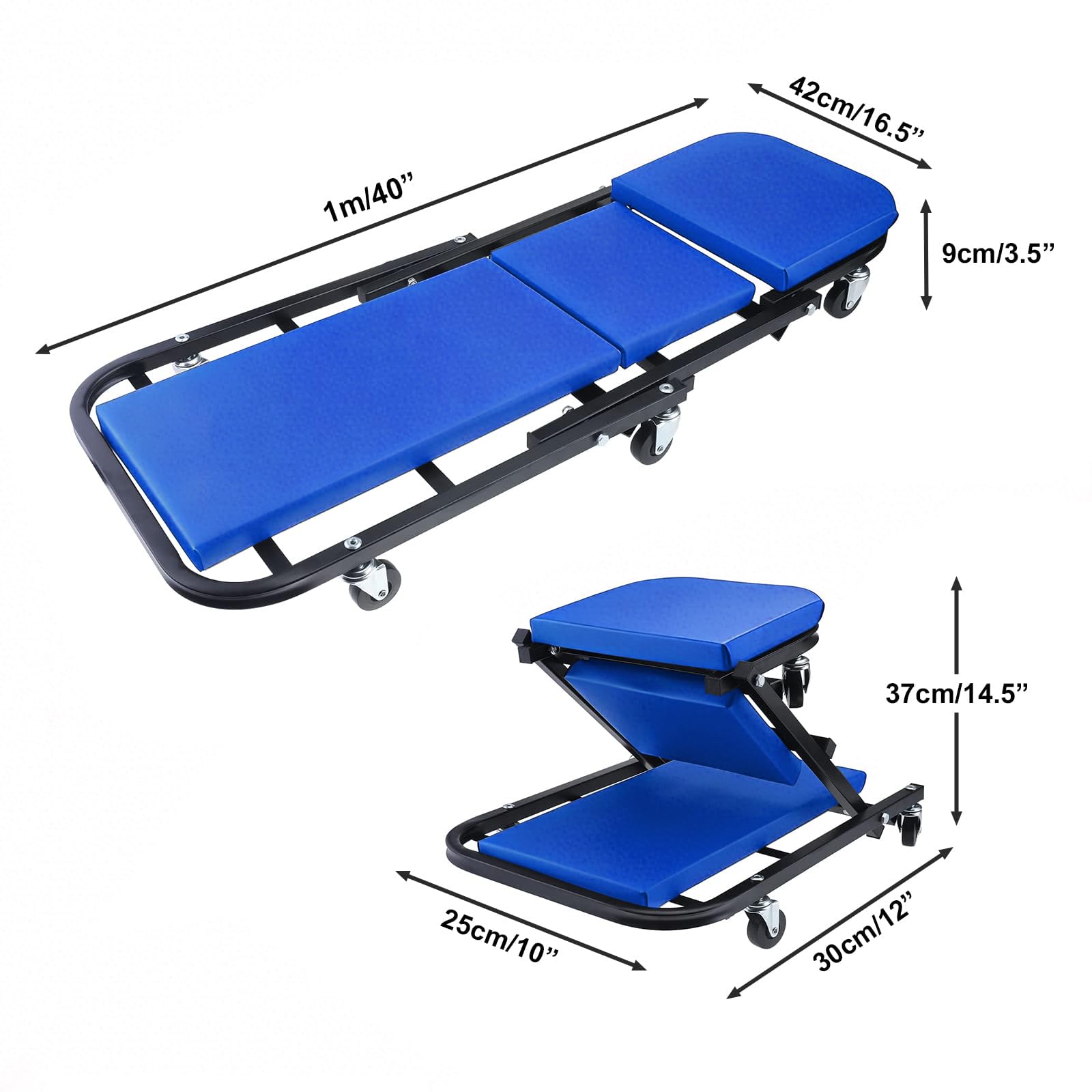 BOOMSTART Camilla Mecánica Plegable de 102 cm (40"), Asiento de Mecánico 2 en 1, Taburete Grande Acolchado con Ruedas, Taburete de Taller de Garaje Resistente de 150kg con 6 Ruedas Giratorias