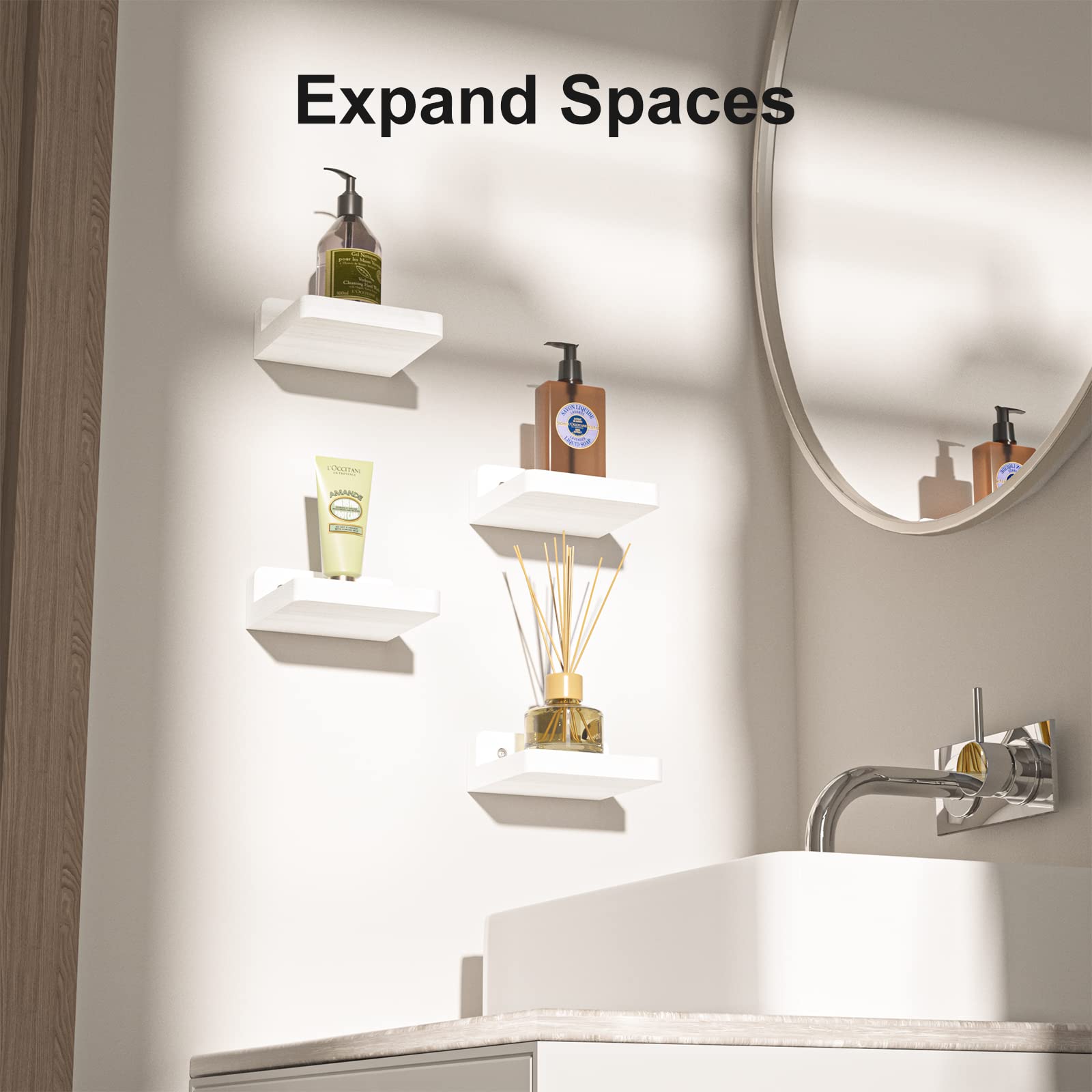 SRIWATANA Small Floating Shelves Wall Mounted, 4 Inch Wood Shelf for Decoration and Storage Set of 4, Mini Display Shelf for Bedroom, Bathroom, Kitchen, Office (White)