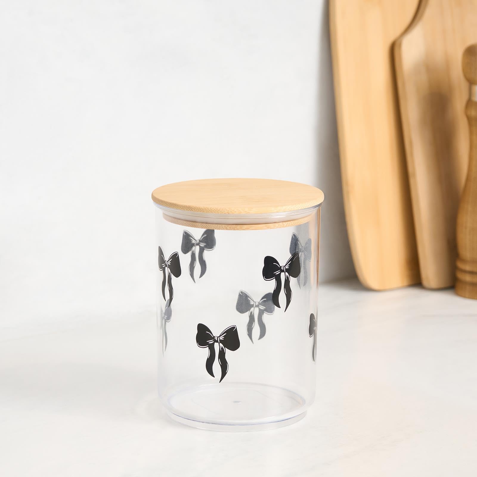 Ohs Bow - Black/Clear Bow Print Airtight Food Storage Container Bamboo Lid, Bpa Free Plastic Containers With Lids Round Small Container Kitchen Organisation For Cereal Sugar Spices & Baking Supplies, Black