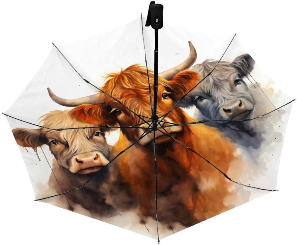 Watercolor Highland Cow Folding Umbrella Windproof Compact Lightweight Travel Umbrella with 8 Reinforced Ribs, Portable UV Sun & Rain Protection for Men & Women