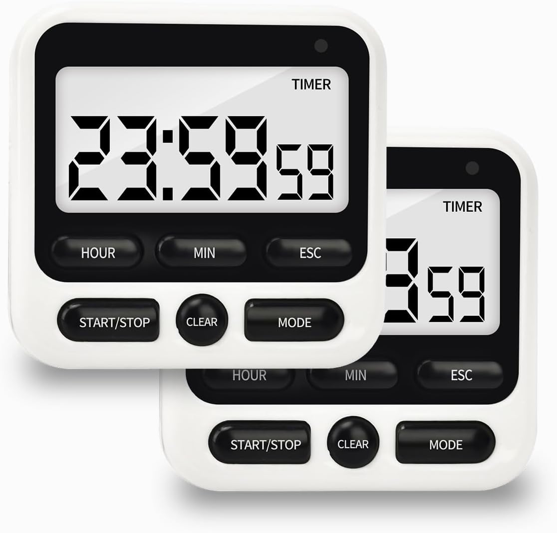 2 Pack Multifunctional Kitchen Timer with Silent/Alert Mode, 24-Hour Clock, Memory Recall, Fast-Forward, and Magnetic Back for Cooking, Baking, Teaching