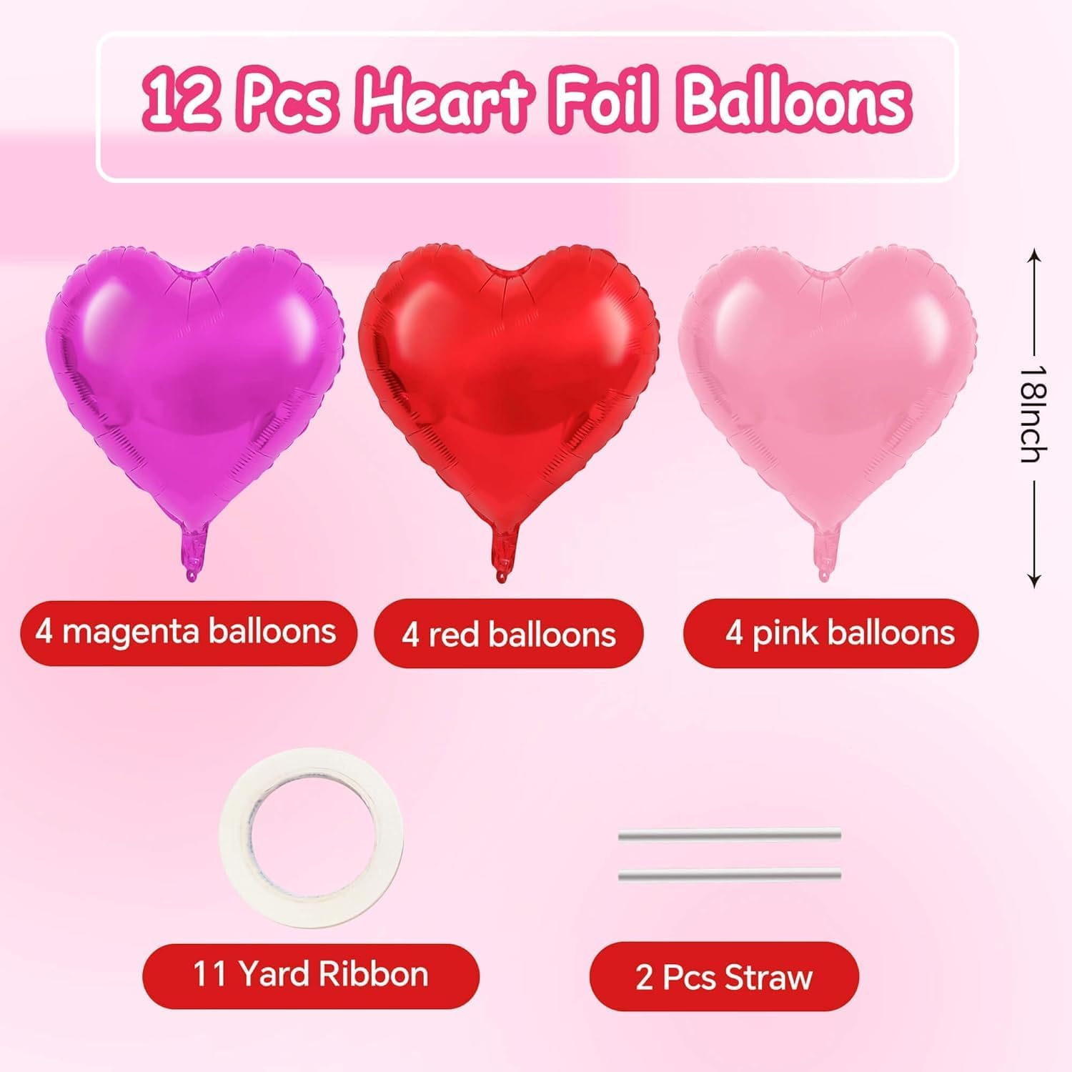 Heart Balloons 12 Pack - 18 Inch Foil Heart-Shaped Balloons in Pink, Magenta, and Red with Ribbon and Straw - Perfect for Valentine’s Day, Mother’s Day, Weddings, Birthdays, and Party Decorations - Image 3