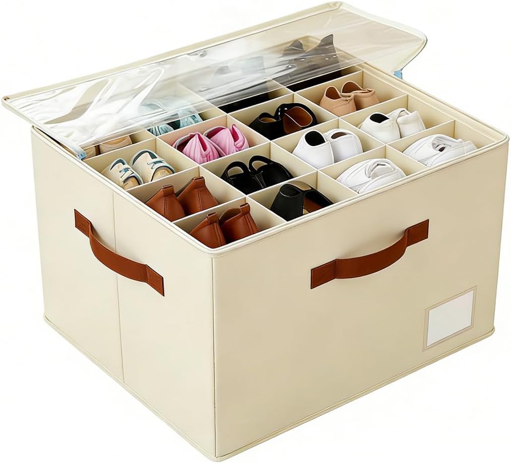 Shoe Organizer for Closet with Clear Cover, Fits up to 16 Pairs Foldable Shoe Storage Organizer Box Bin with Adjustable Dividers