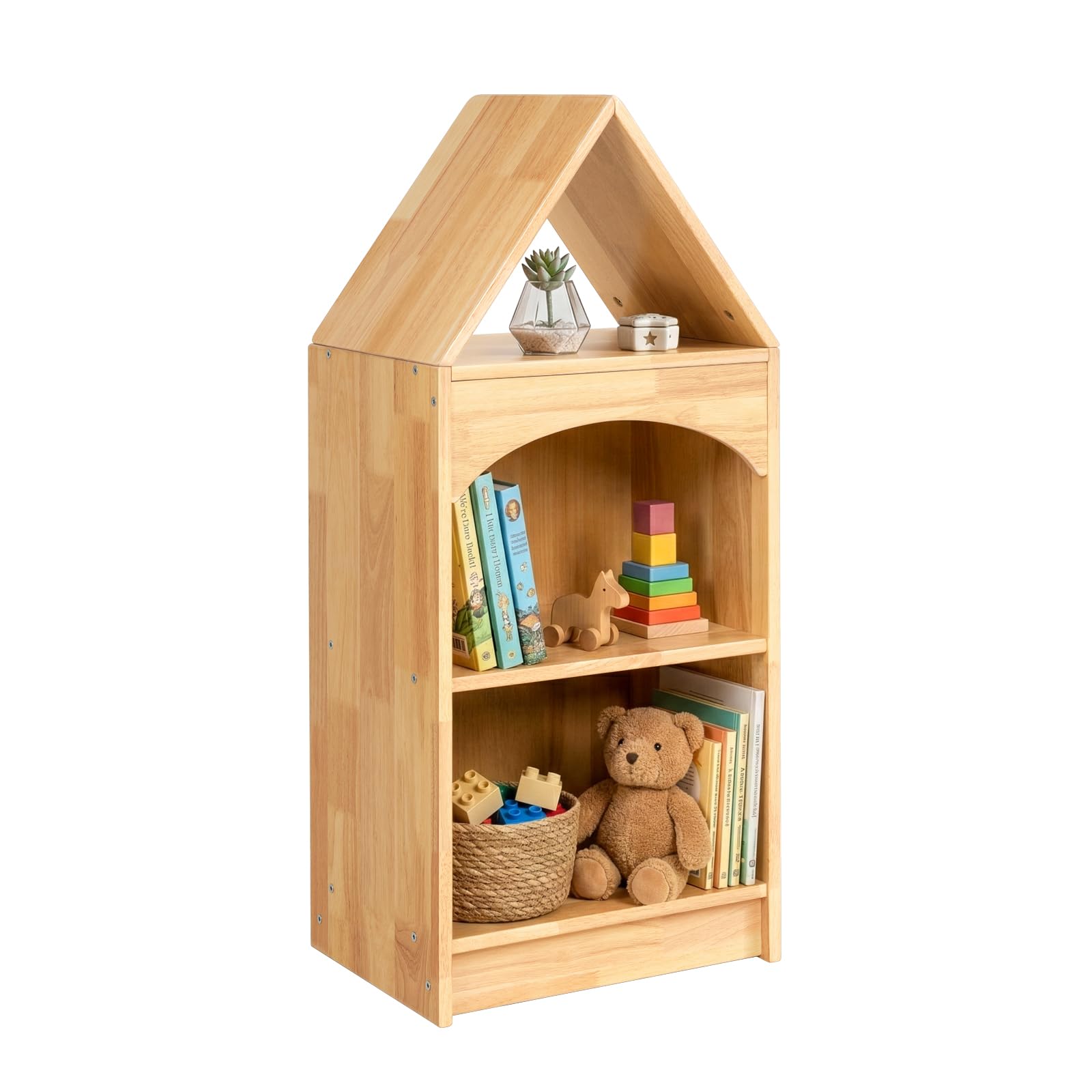 OOOK Rubberwood Montessori Shelf, 3-Tier Toy Organizers and Storage, Wood Corner Cabinet for Kids Room, Playroom, Nursery, Classroom, Kindergarten