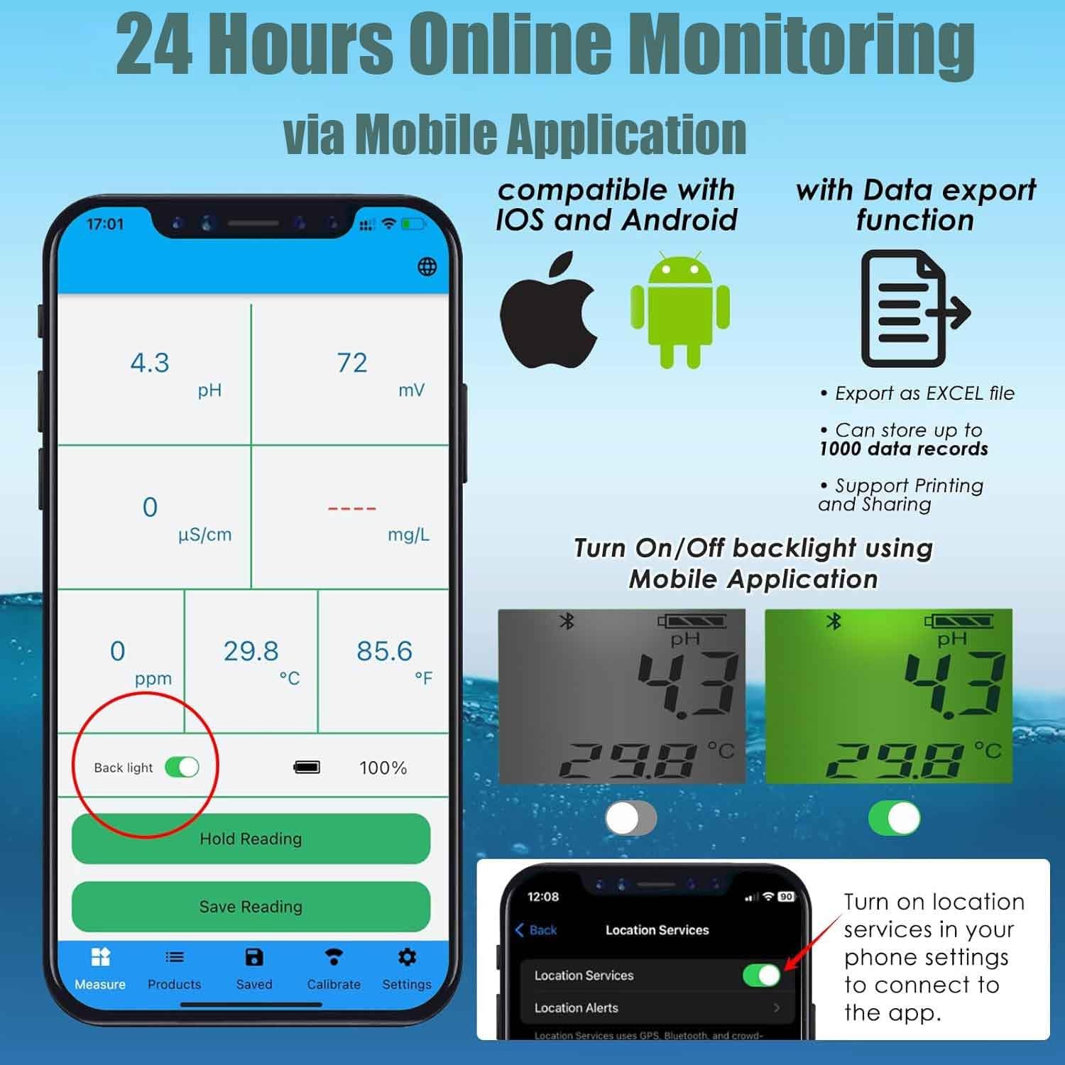 Inteligentny tester jakości wody, 6 w 1 monitor wody w basenie Bluetooth, miernik testujący wodę, do basenów, spa, hydroponiki, pomiaru pH, EC, ORP, chloru, zasolenia i temperatury