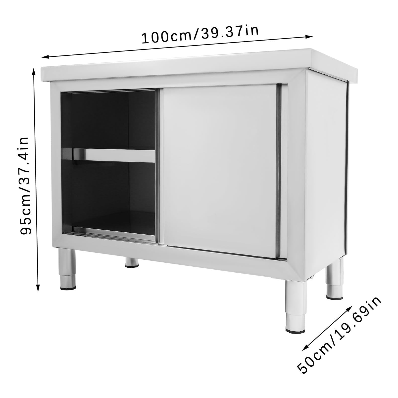 Armario de trabajo con puertas correderas de acero inoxidable, armario de trabajo con cantos, 3 niveles, puertas correderas de acero inoxidable (100 x 50 cm)