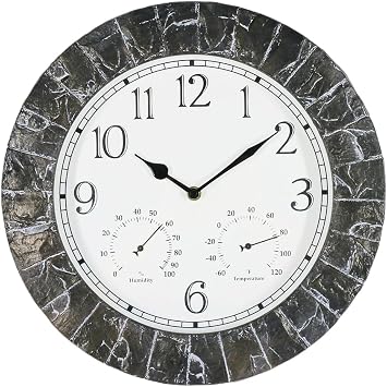 BESTIME CC-941 14-Inch Plastic Clock Slate Grain Color.Thermometer,Hygrometer.Indoor,Outdoor,Weatherproof,Weather Resistant,Ideal,Garden,Farmhouse.