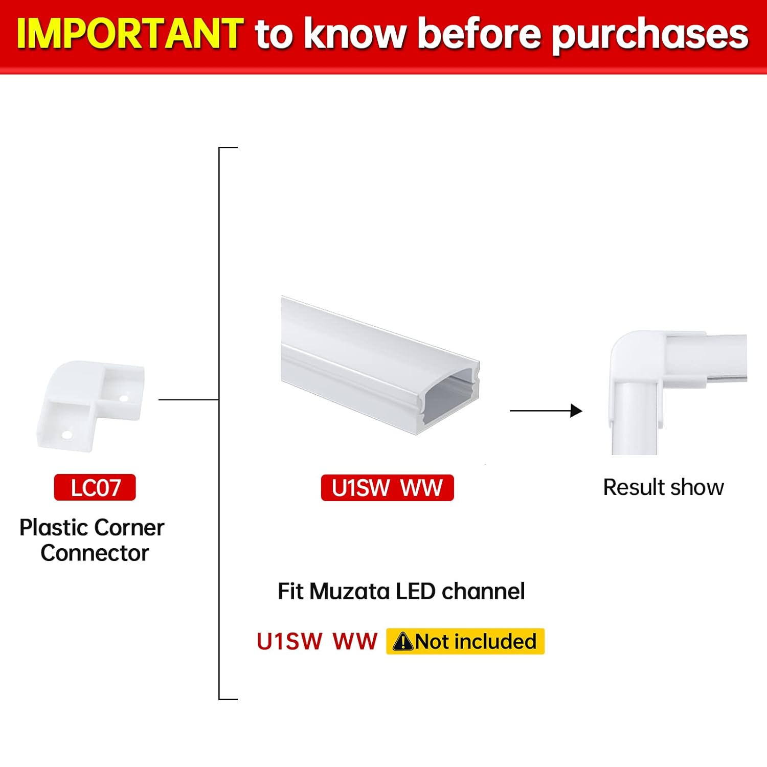 Muzata 20 Pack 1M/3.3ft Black Aluminum LED Channel System with Cover U1SW BW 1M Bundle Led Channel Corner Connector Kit L-Shape Adaptor 8PCS 90 Degree for U1SW LC07