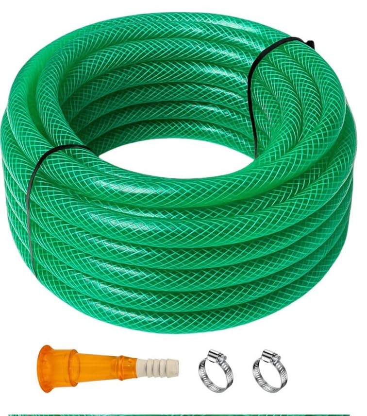 Image of Rama 20 mm (3 /4 inch), braided 3layered 15 mtr(50 feet) pvc water pipe light weight durable flexible heavy duty hose with connectopr and clamps water gardening cleaning