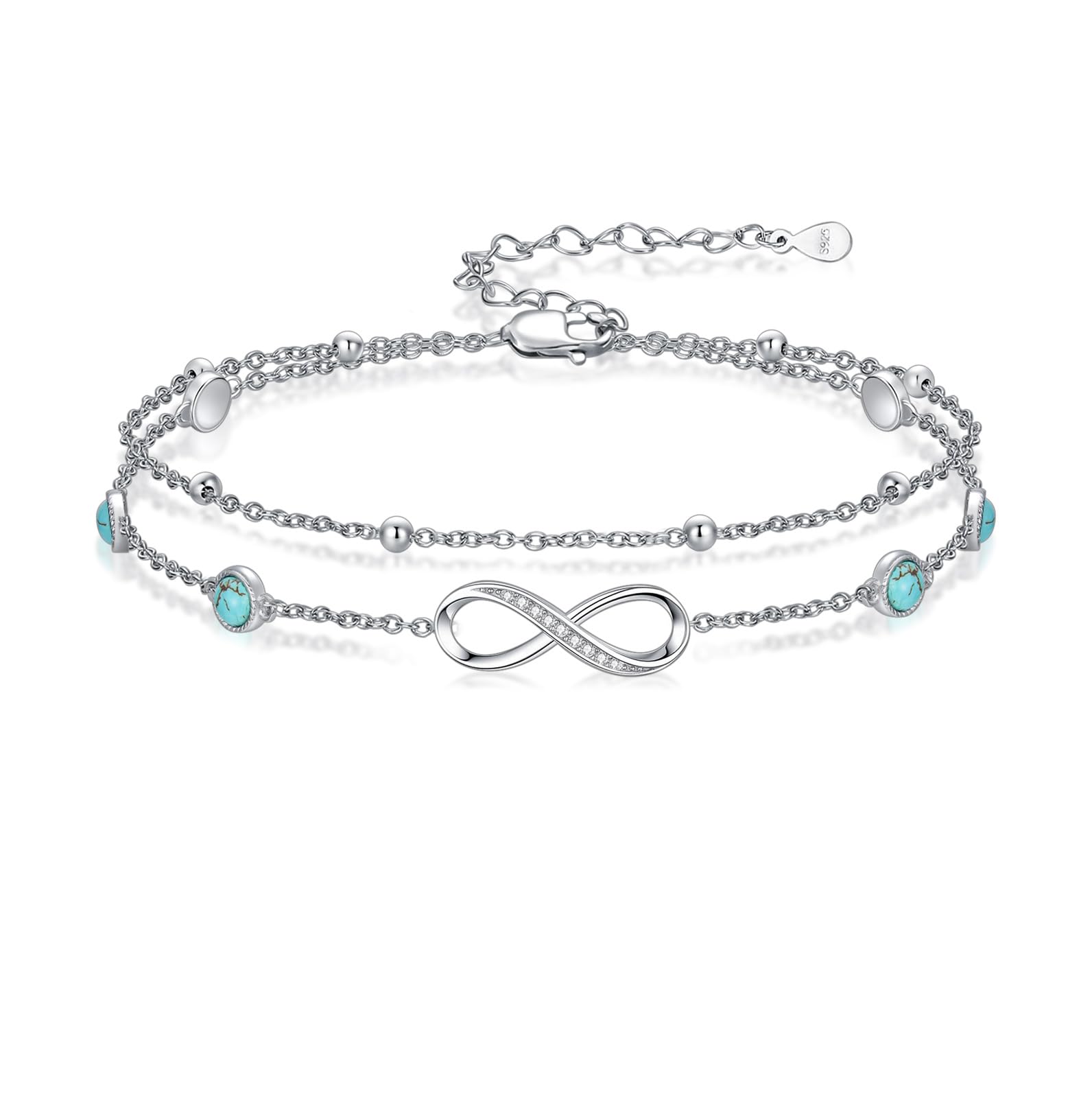 Tobillera de plata de ley 925 con diseño de infinito, turquesa real, ajustable, varias capas, regalo para mujeres