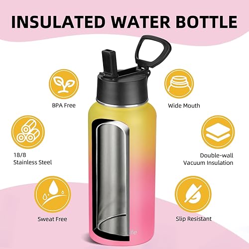 Miniatura 3 de Botella de agua aislada con pajilla, botella de agua deportiva de acero inoxidable aislada al vacío, mantiene el frío y el calor, botella de agua de