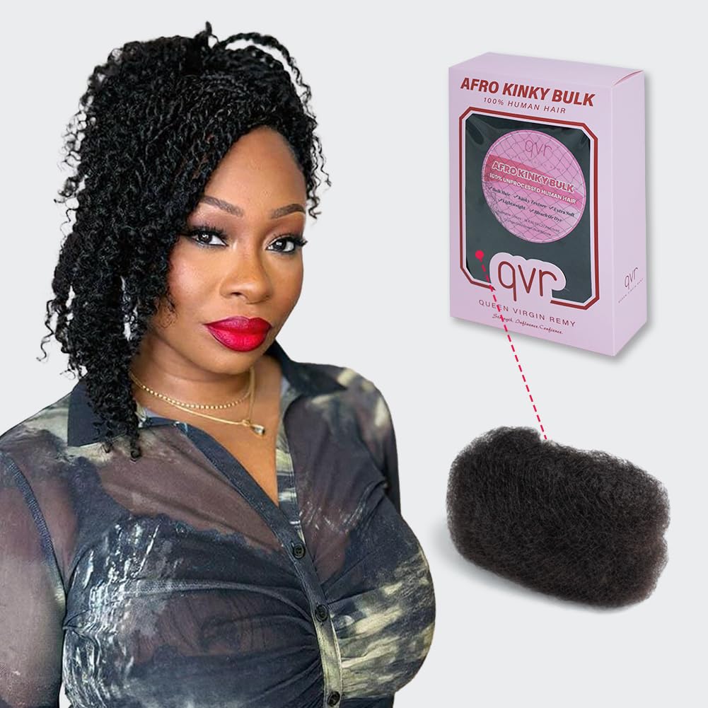 QVR Pro Afro Kinkys Curly Human Hair Bulk for Dreadlock Extensions, Repair Locs and Mini Twist, More than 80% are Longest Hair Natural Black 12 inch 50 Grams