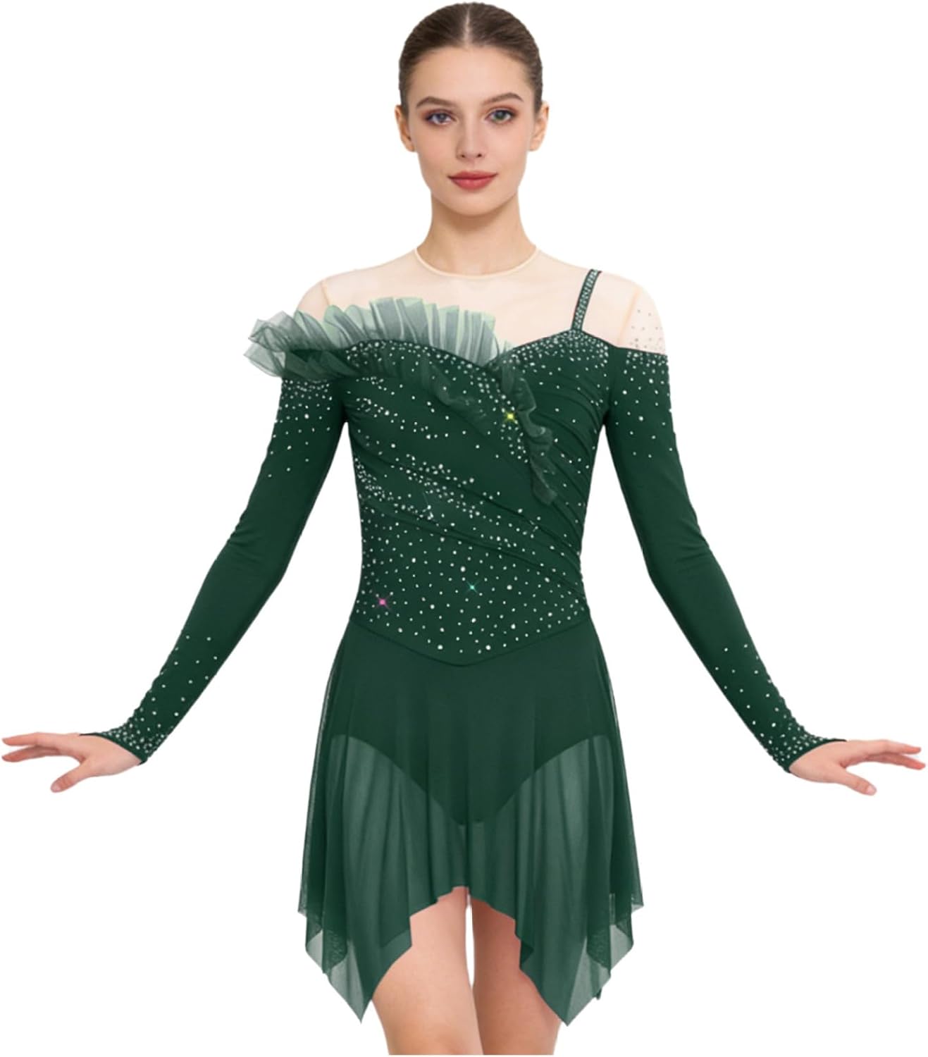 Women's Ruffled Lyrical Dance Dress Asymmetrical Tulle Leotards Ballet Figure Skating Dress