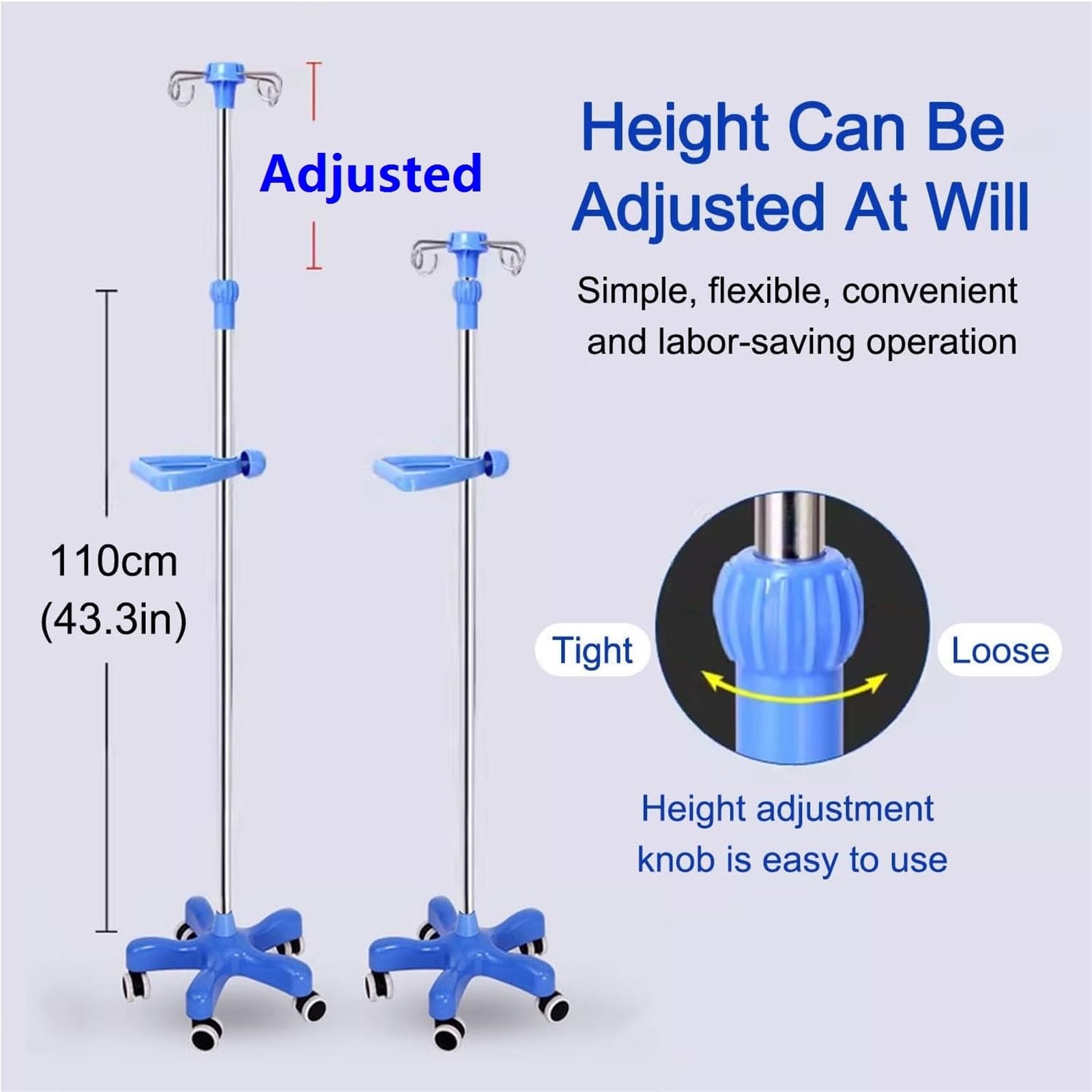 Portasueros médico con ruedas de acero inoxidable Soporte para suero | Soporte intravenoso ajustable de 1,5-2 m de altura con 4 ganchos for hogar hospitalario