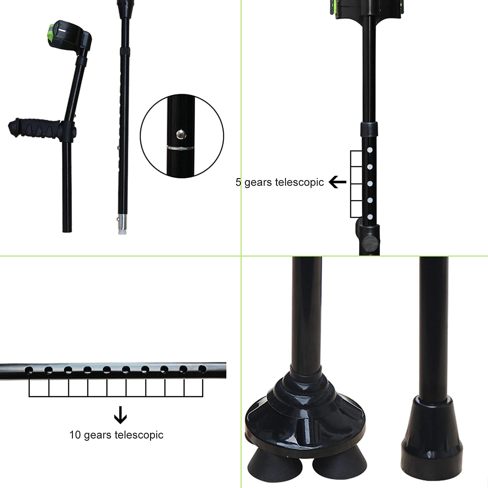 YRYRYW Stampella per avambraccio per Adulti, stampella Pieghevole con Polsino Aperto con luci a LED, stampella in Alluminio Leggera Regolabile Nera per Adulti e con Altezza 150-196 cm Decorare