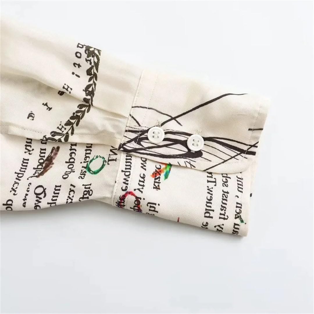 Primavera Donne Retro Loose Graffiti Stampa Polo Colletto Manica Lunga Camicia