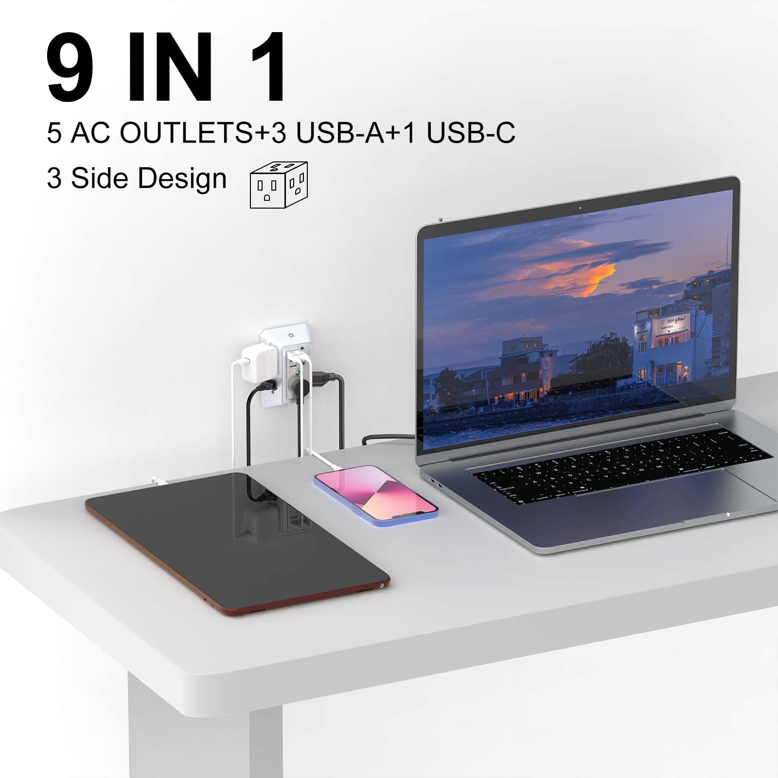 QINLIANF - Regleta de protección contra sobretensiones de 3 lados, enchufe múltiple con 5 extensores de salida y 4 puertos USB (1 USB-C) y luz nocturna, cargador de pared USB para el hogar, oficina