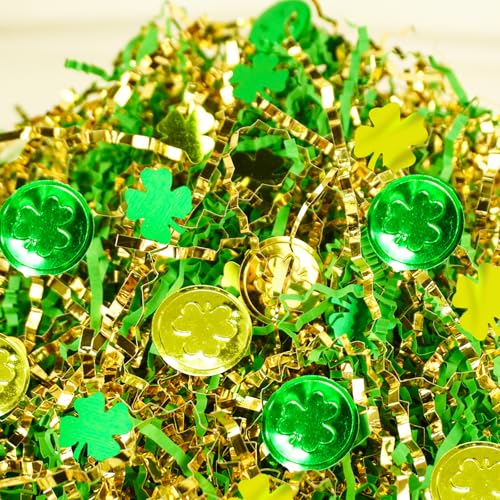TORONTOKYO 2 LB St Patricks Day Crinkle Cut Paper w/Clover Coin Confetti, Metallic Gold Green Paper Shred Gift Wrap Box Basket Filler for St Patricks Day, Birthdays, Weddings, Anniversaries by TORONTOKYO - Used condition - US$14.51