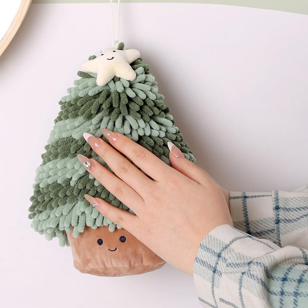 Christmas Tree Hand Towel，Soft Fuzzy Ball Chenille Hand Towel for Bathroom, Absorbent Hand Drying Puff with Hanging Loop, Cute Decorative Hand Towels for Kids and Kitchen (Green, 9.8*7.9*3.9inch)