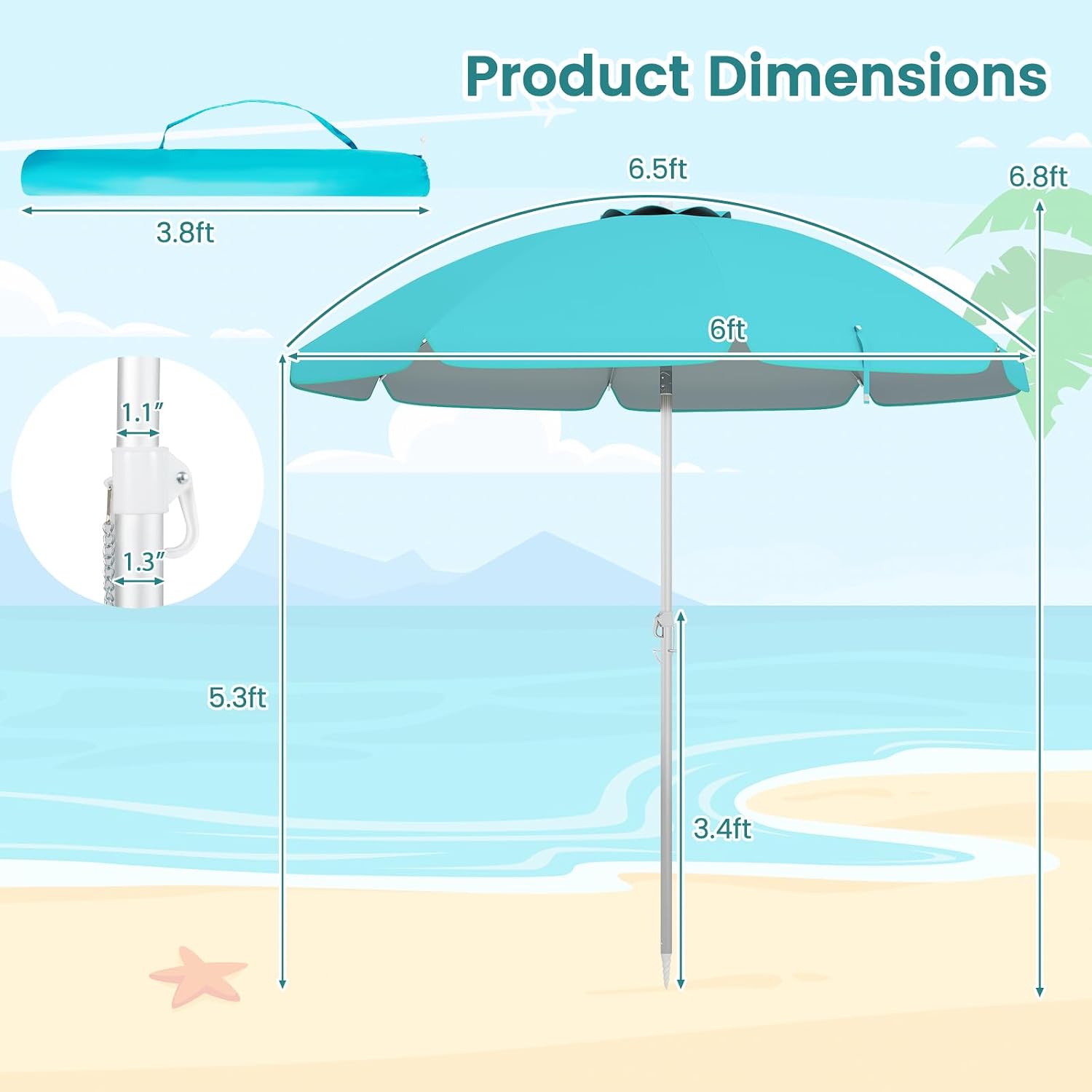 HAPPYGRILL 6.5 FT Beach Umbrella with Sand Anchor, Portable Outdoor Sunshade with Push Button Tilt, Sun Protection, Carrying Bag, Vented Canopy, Patio Parasol for Garden Pool Backyard