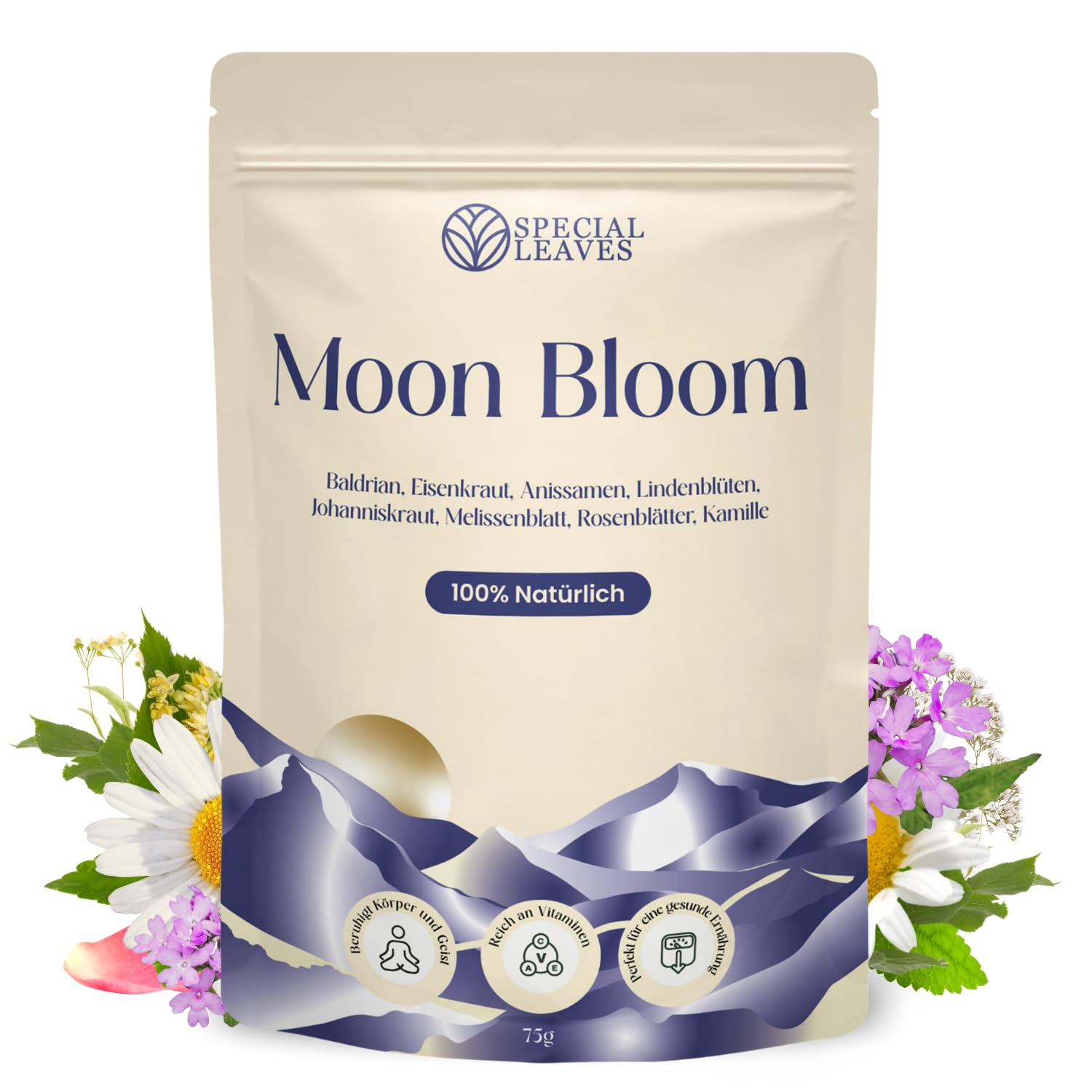 Special Leaves Moon Bloom Abendtee, 75g loser Kräutertee mit Baldrian, Kamille & Johanniskraut, Koffeinfrei & Ohne Zuckerzusätze, Beruhigende Schlaftee-Mischung für entspannte Nächte